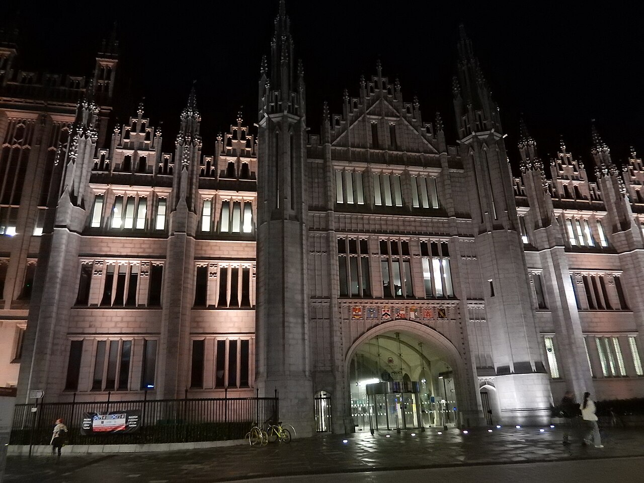 Illuminated facade of Marischal College in Aberdeen at night