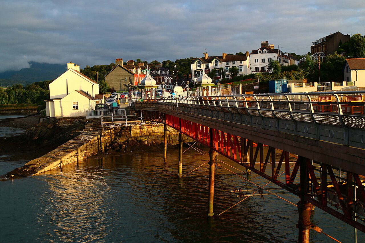View along Garth Pier towards the waterfront buildings of Bangor, Gwynedd
