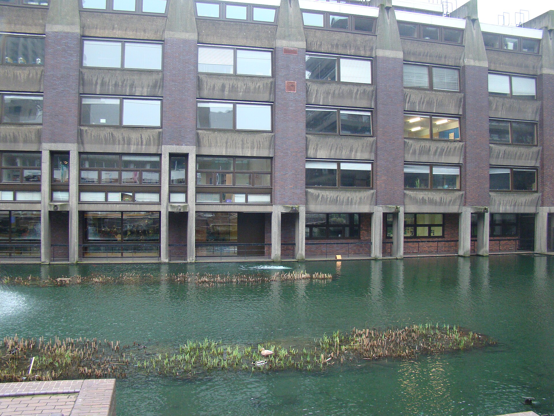Lake and estate buildings at the Barbican in London