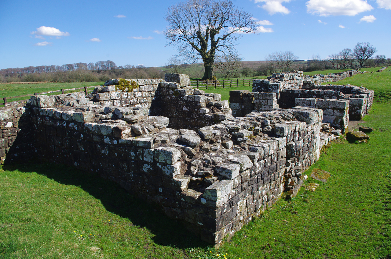 Stone foundations of Birdoswald Roman Fort beside Hadrian’s Wall