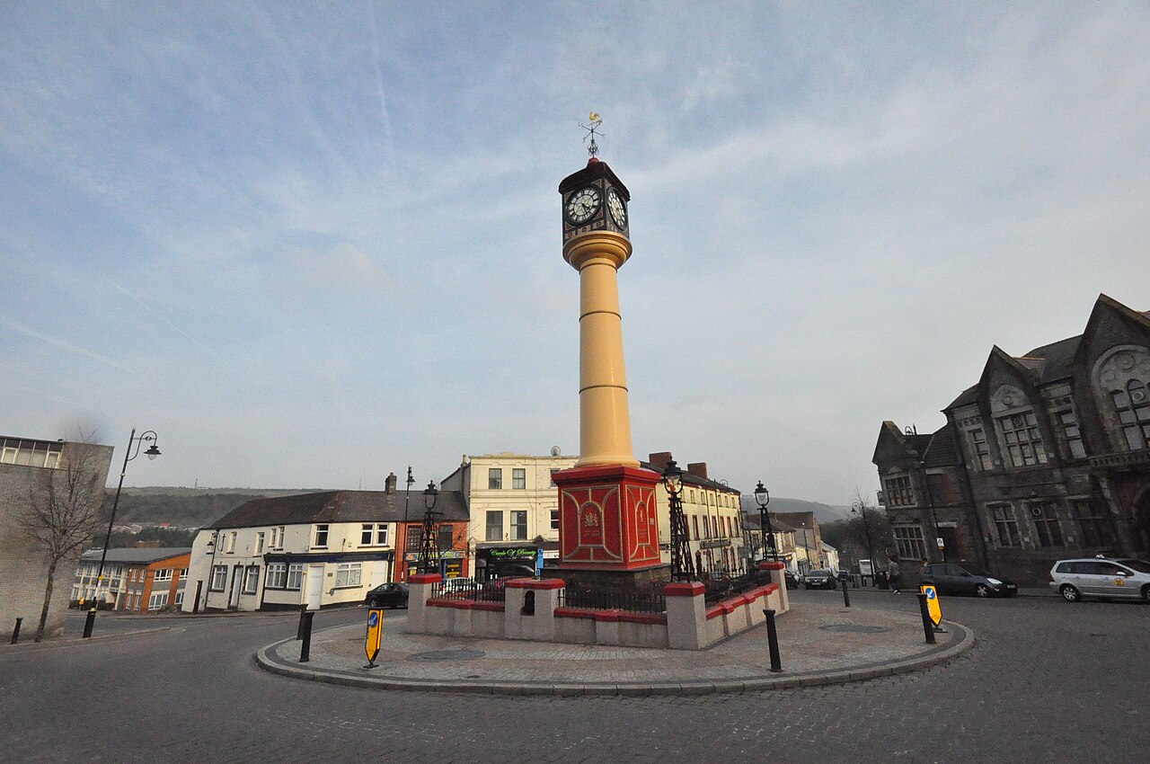 The iron town clock and surrounding buildings in Tredegar