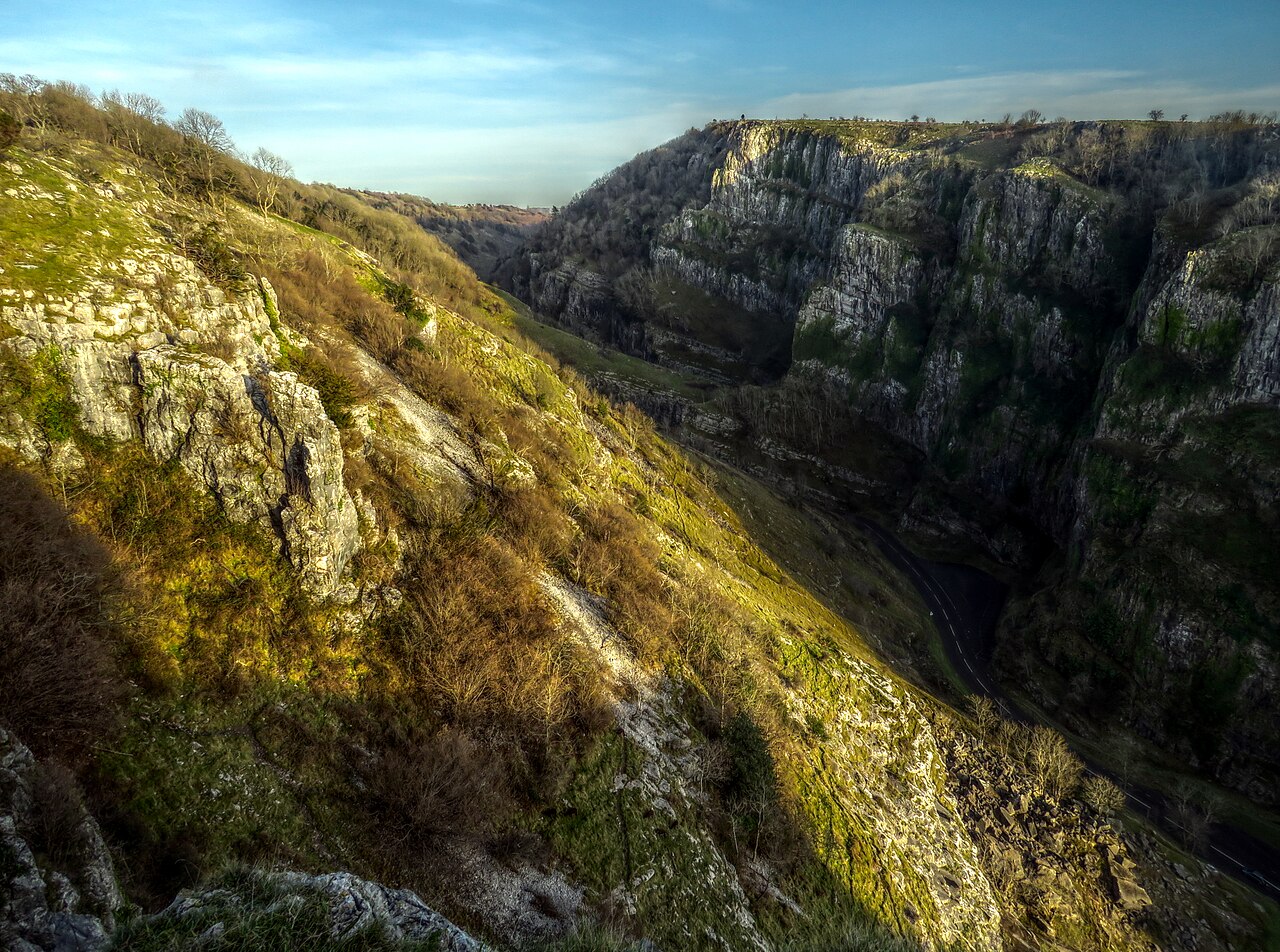 Limestone cliffs and the winding road through Cheddar Gorge