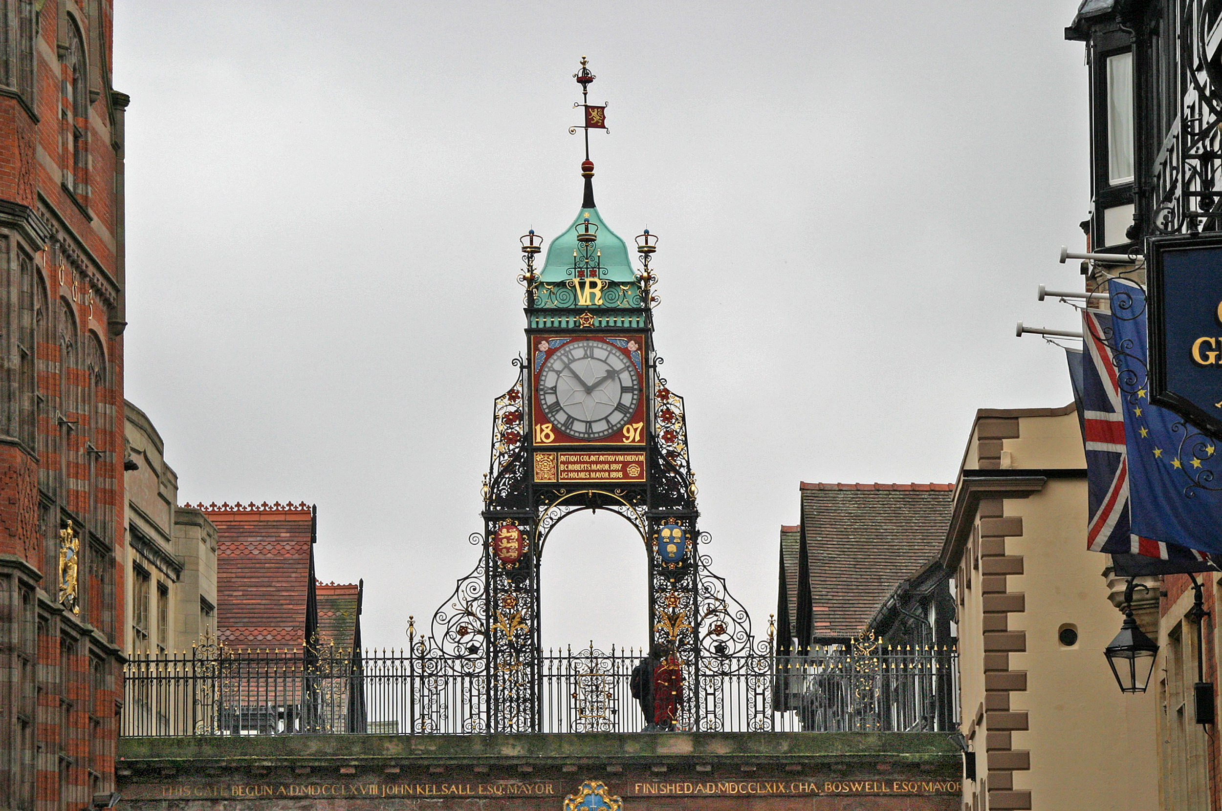 The ornate Eastgate Clock above Chester’s raised city wall walkway