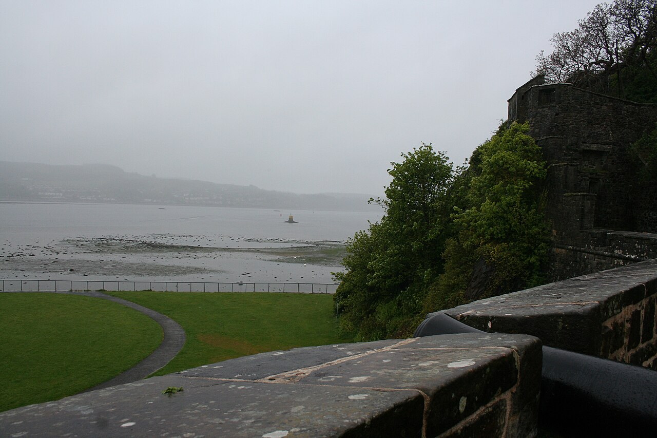Cannon and stone walls at Dumbarton Castle overlooking the River Clyde