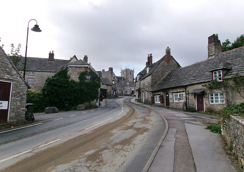 East Street and stone buildings in Corfe Castle village