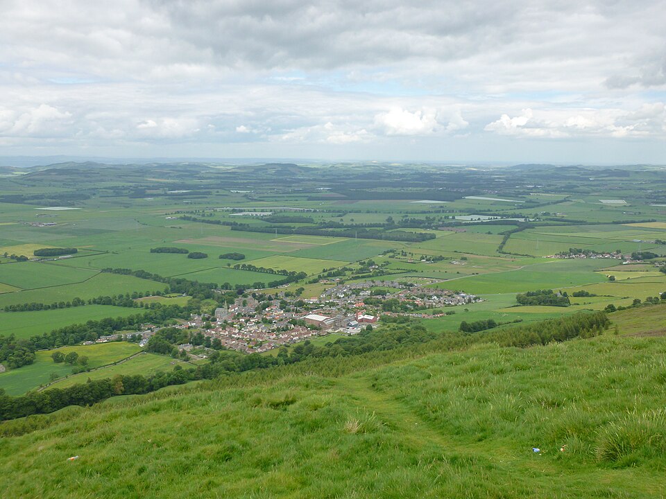 Falkland village and surrounding Fife countryside viewed from above.