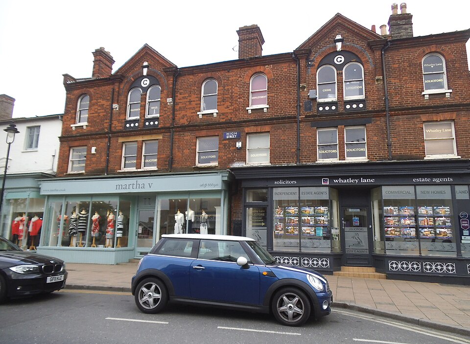 Brick shopfronts on High Street in Newmarket, Suffolk.