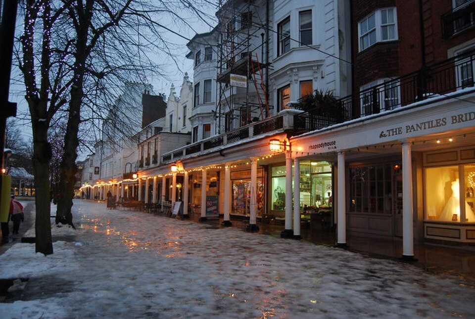 A winter evening along the Pantiles shopping parade in Royal Tunbridge Wells.