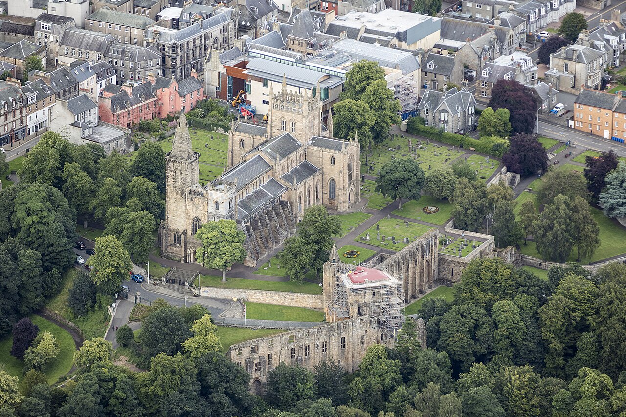 Aerial view of Dunfermline Abbey and Palace in 2016, with works visible