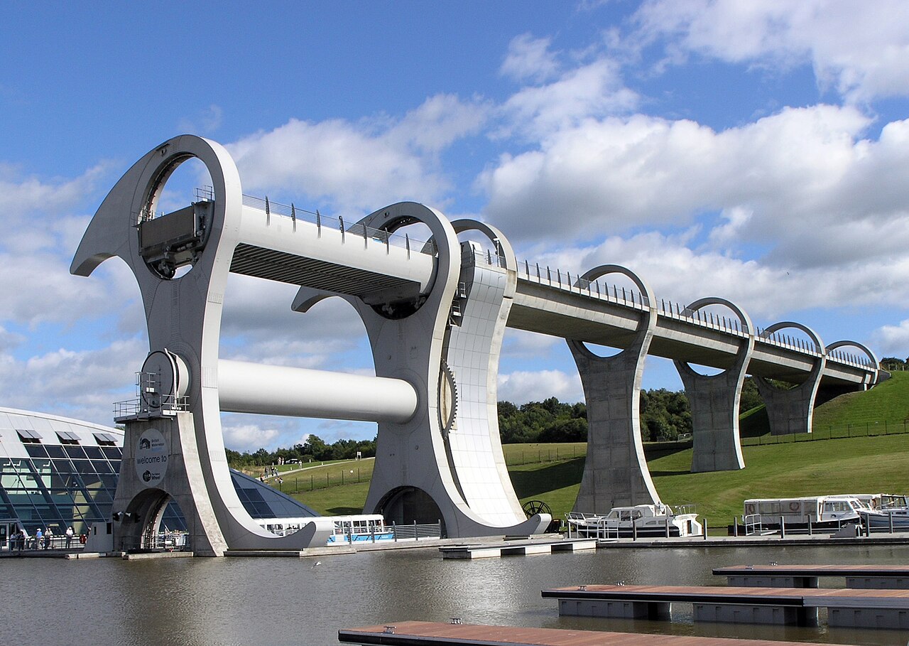 Falkirk Wheel boat lift beside its canal basin