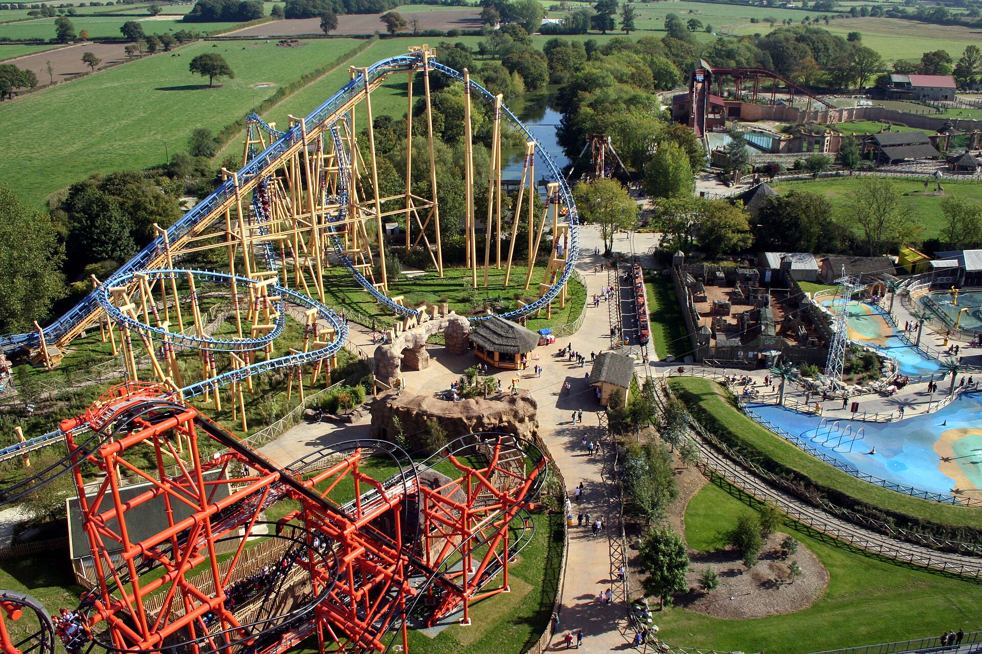 Elevated view of rides and paths at Flamingo Land