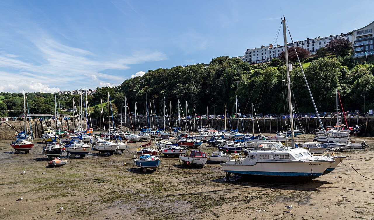 Boats resting in Ilfracombe harbour below the hillside