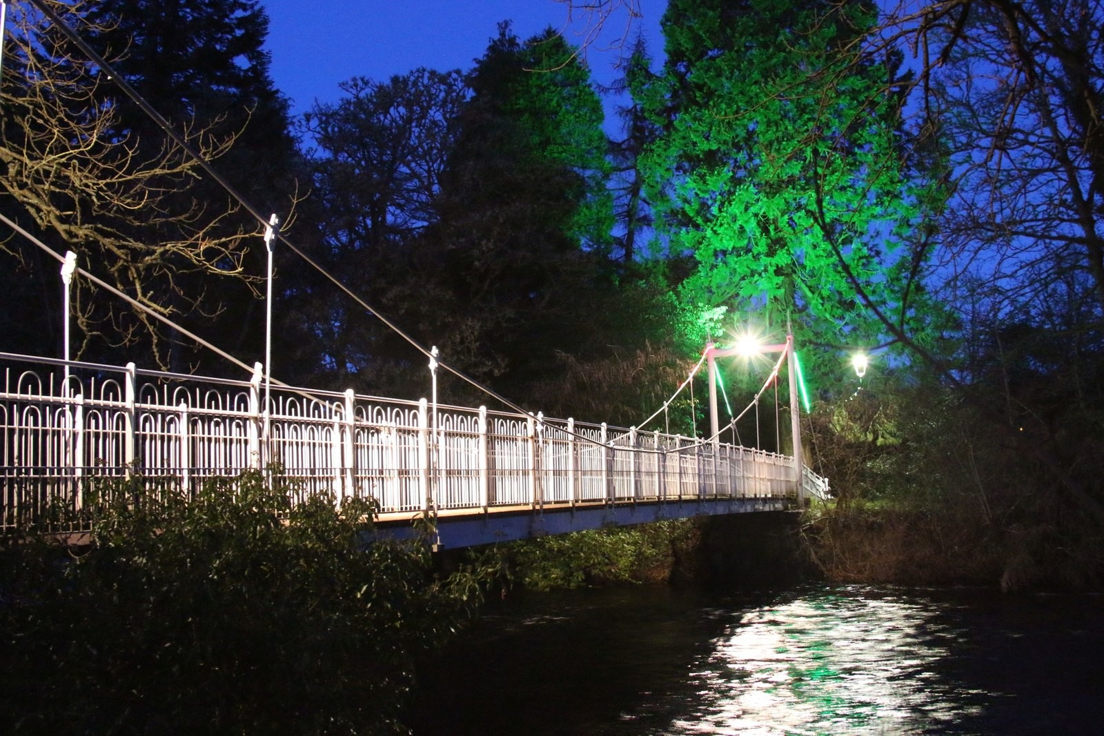 A suspension footbridge leading to the wooded Ness Islands at dawn