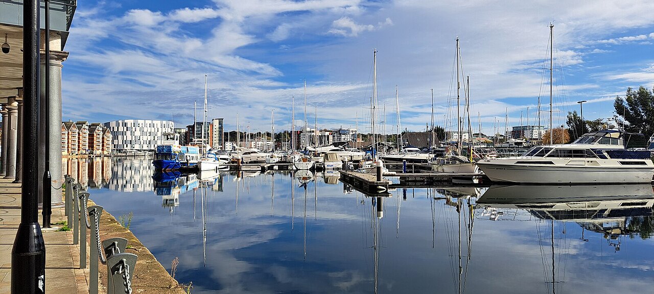 Boats reflected in Ipswich marina