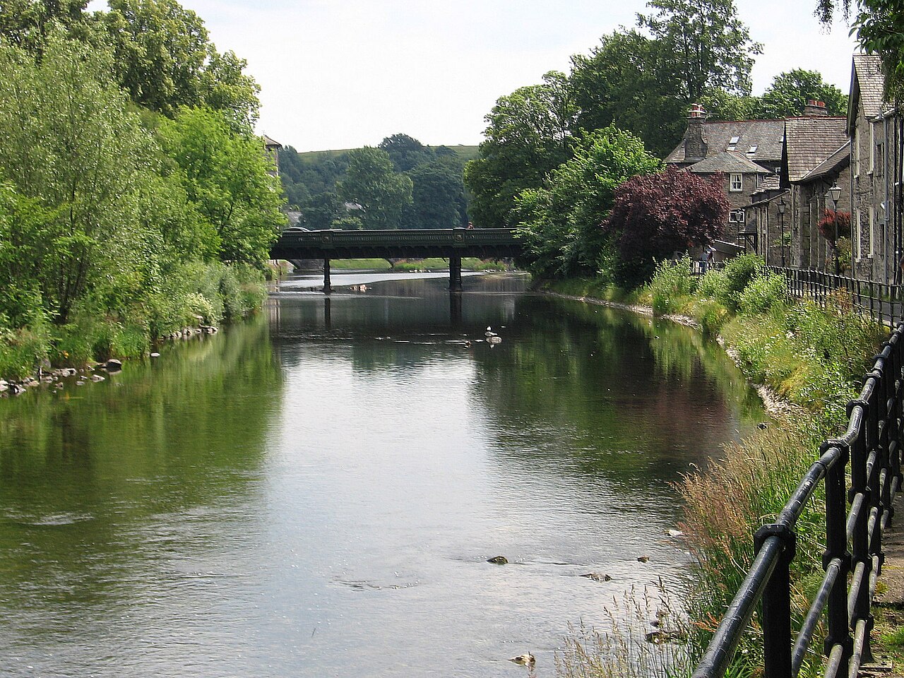 The River Kent bordered by trees and stone buildings in Kendal