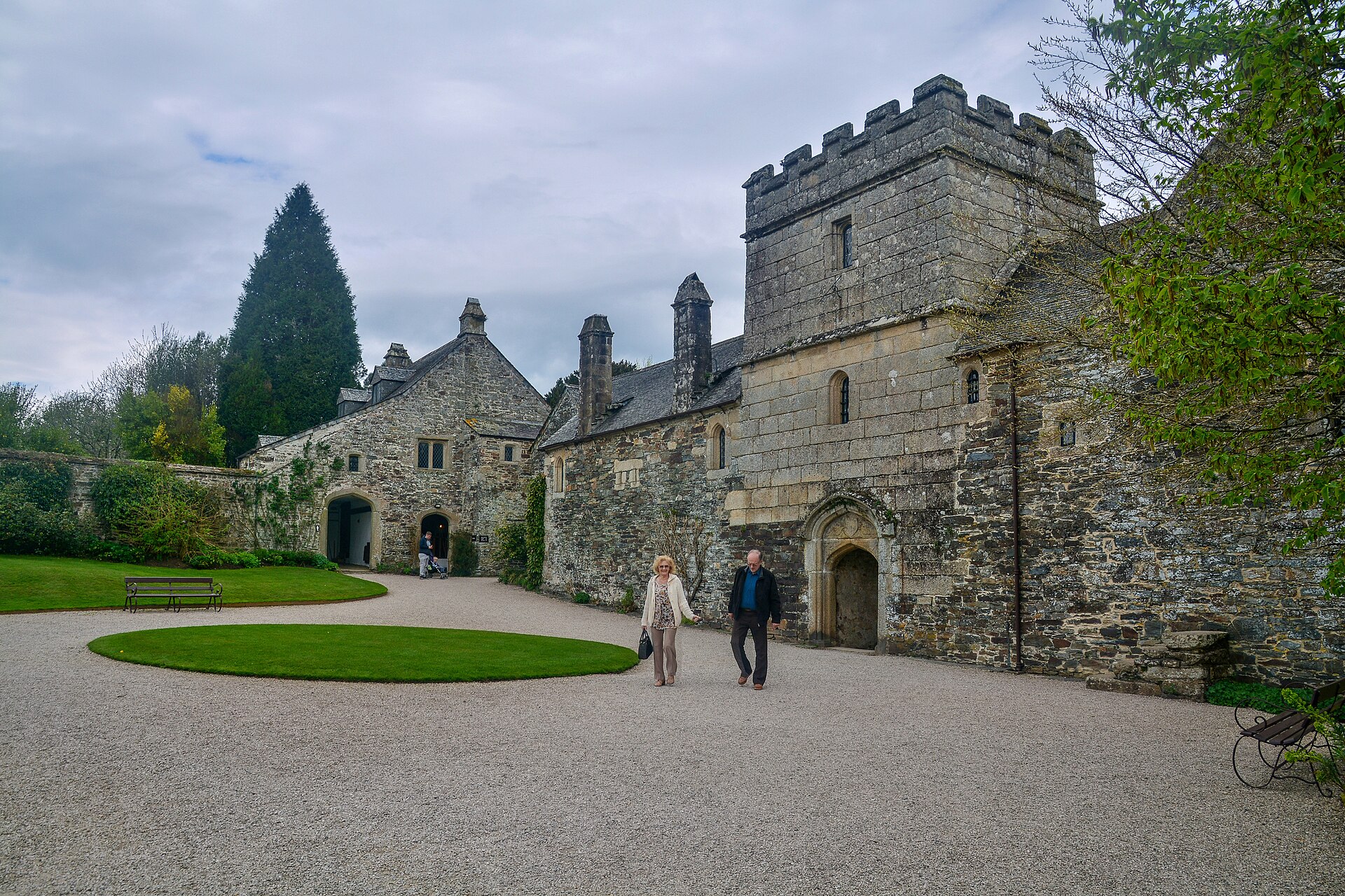 Stone Tudor Cotehele House and courtyard on the National Trust estate