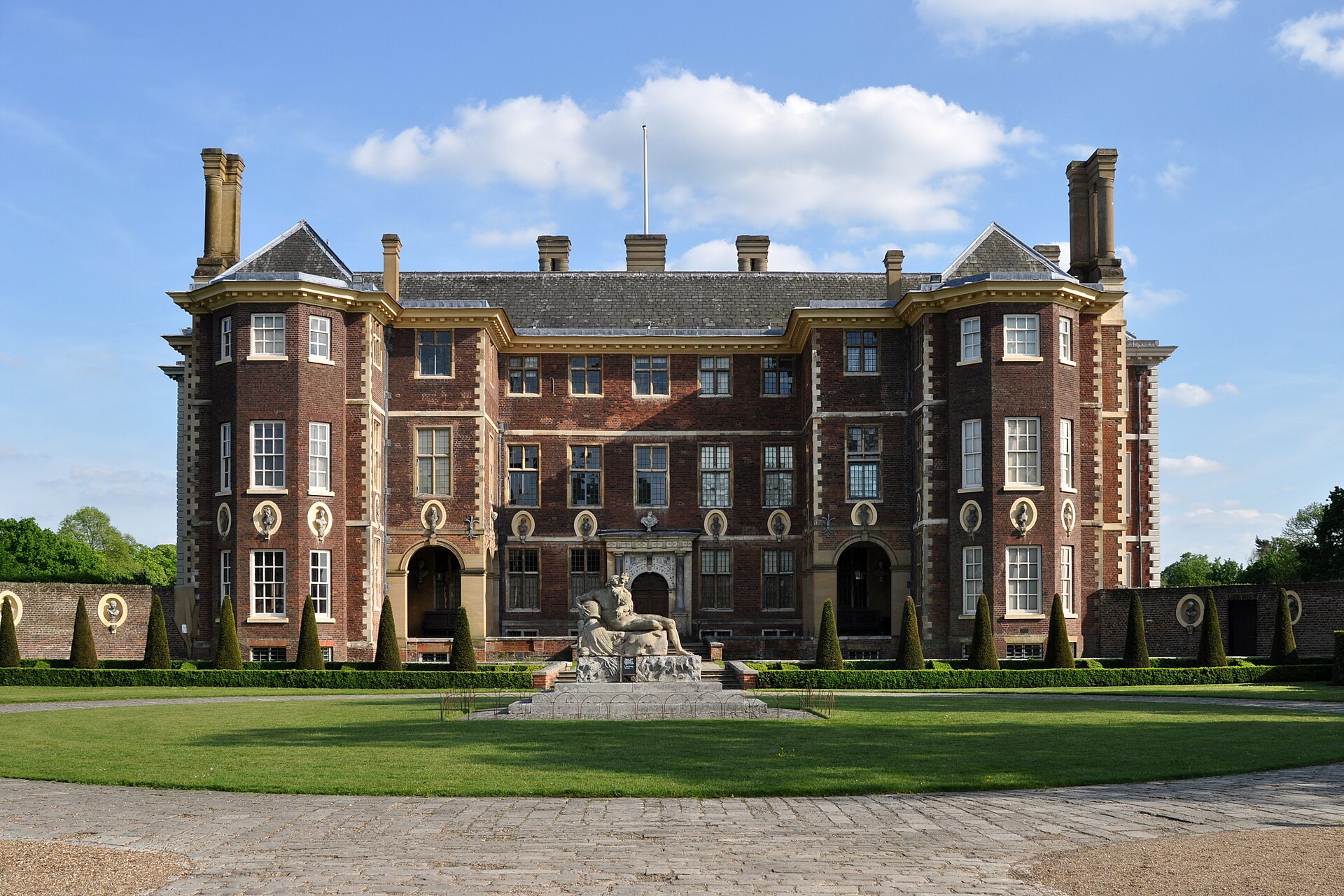 North front of red-brick Ham House and its formal forecourt in Richmond