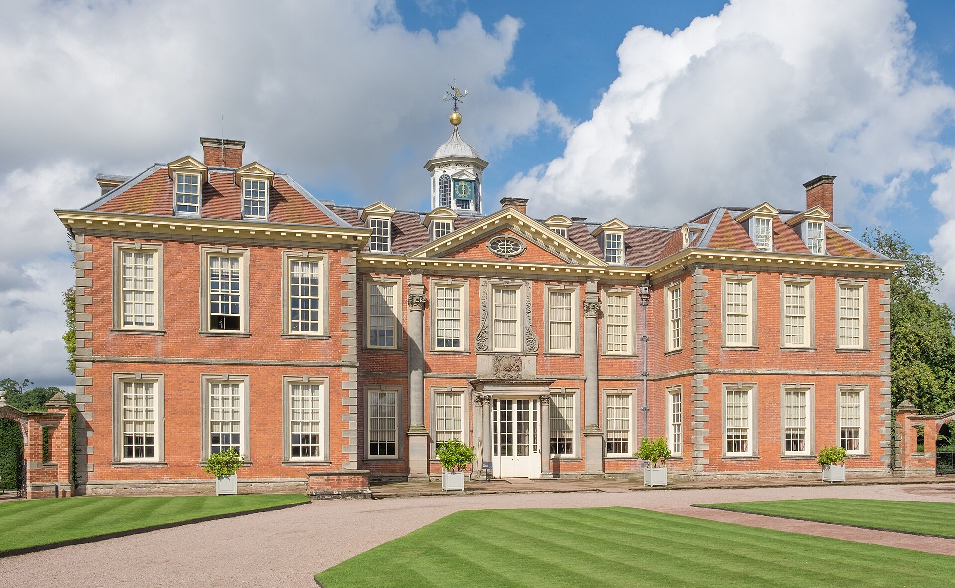 Red-brick front of Hanbury Hall and its central cupola