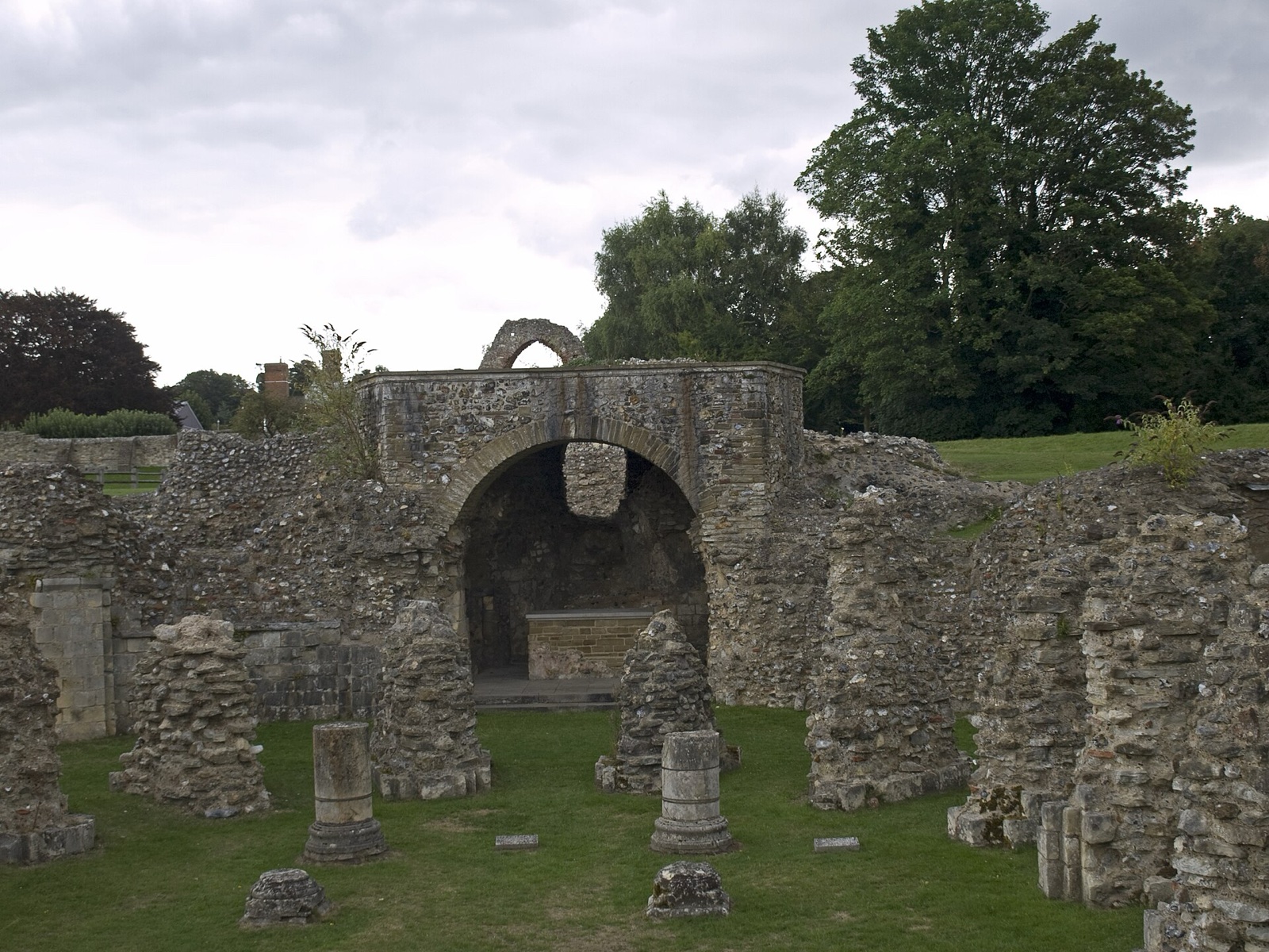 Stone arches and excavated church remains at St Augustine’s Abbey in Canterbury
