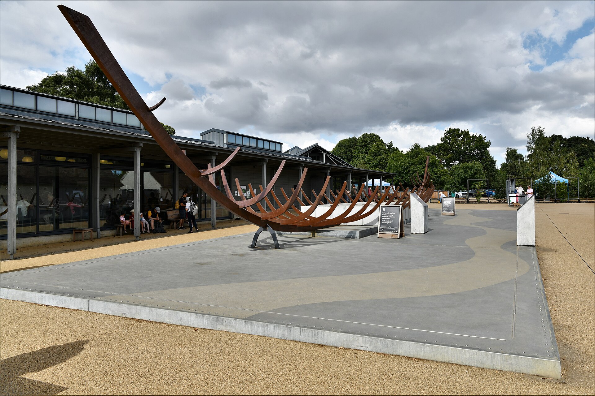 Full-size ship sculpture outside the Sutton Hoo visitor centre in Suffolk