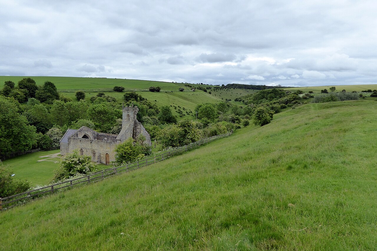 Wharram Percy church and the surrounding Wolds valley