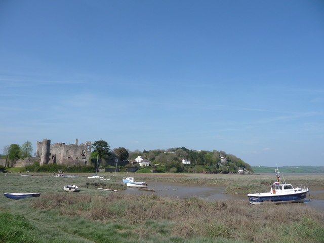 Laugharne Castle seen from the estuary shore