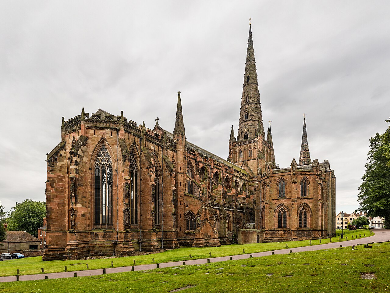 Lichfield Cathedral and lawn seen from the northeast