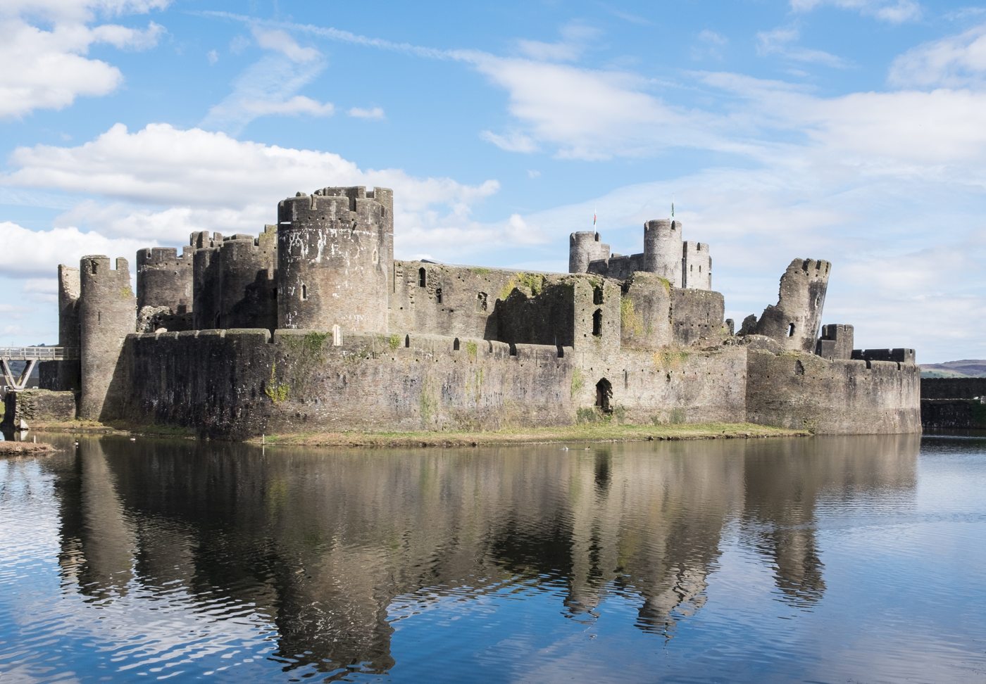 Caerphilly Castle and its moat in Wales