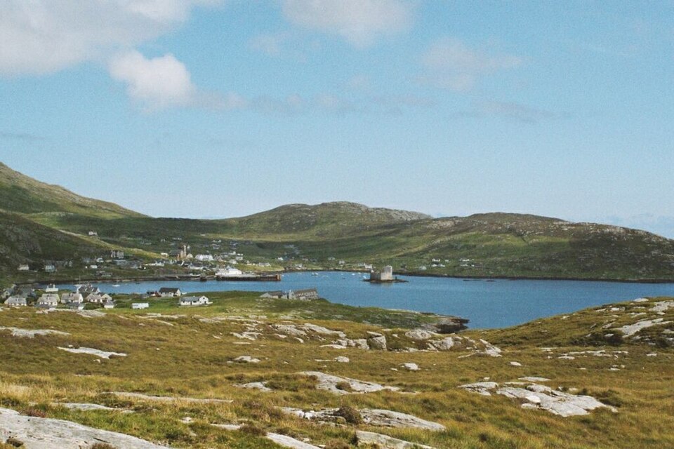 Castlebay harbour, village and Kisimul Castle on Barra