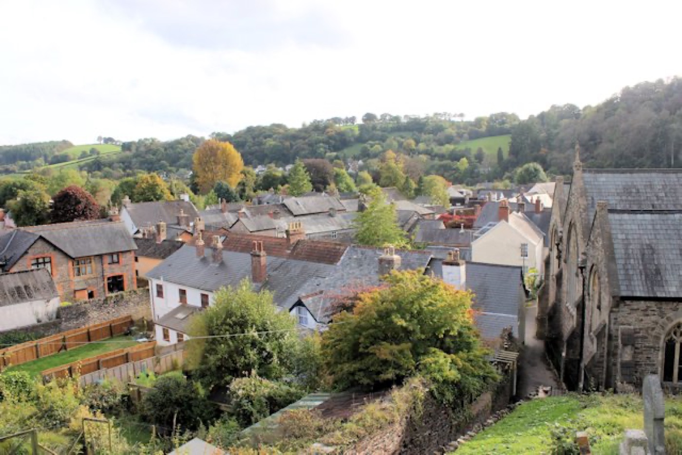 Rooftops of Dulverton among wooded Exmoor hills