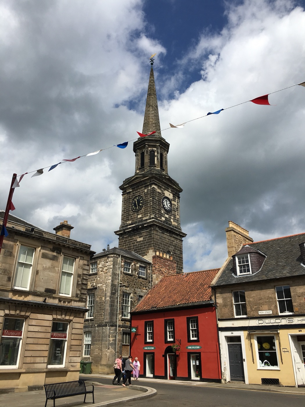 Town clock and historic buildings in Haddington