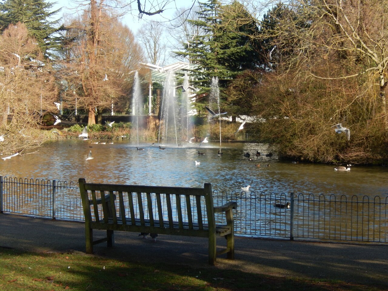 Fountain, pond and benches in Jephson Gardens, Royal Leamington Spa
