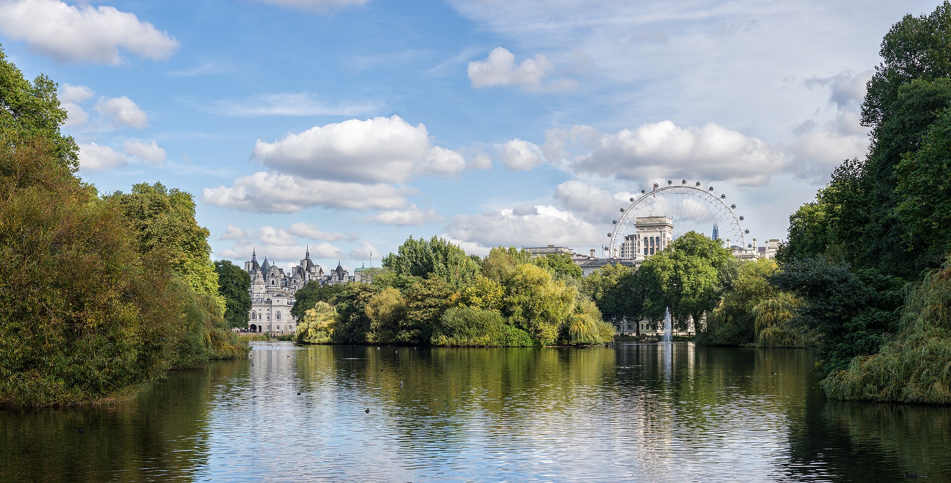 The lake in St James’s Park with trees and London landmarks beyond