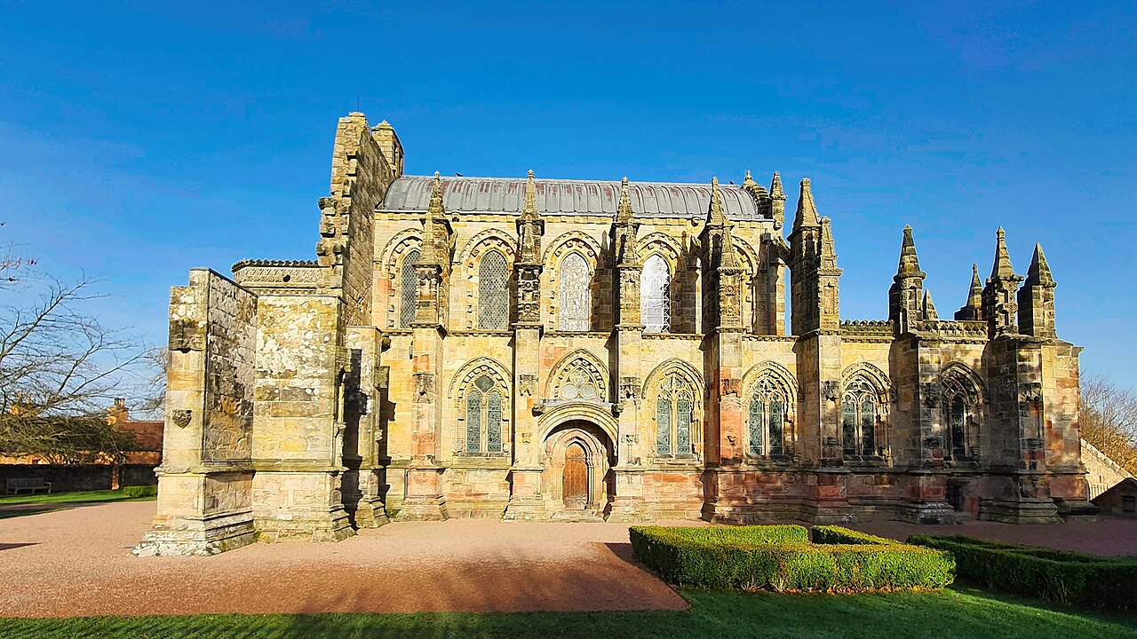 Exterior of Rosslyn Chapel with carved stonework