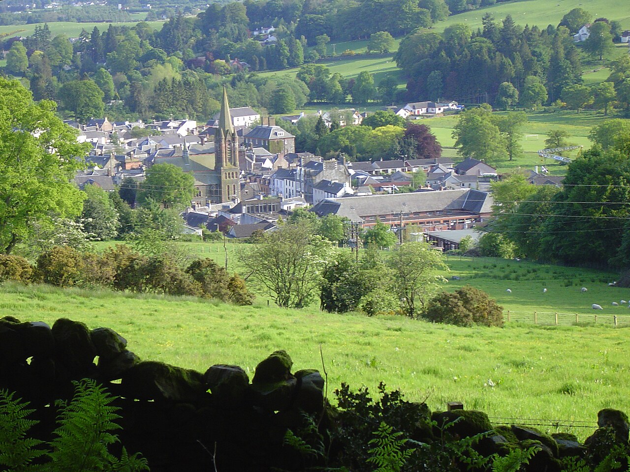 Moffat town viewed from surrounding green hills