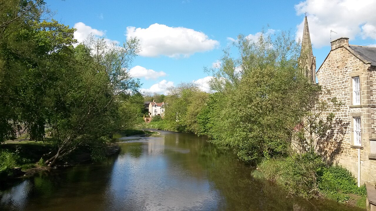 River Wansbeck and riverside trees seen from Oldgate Bridge in Morpeth