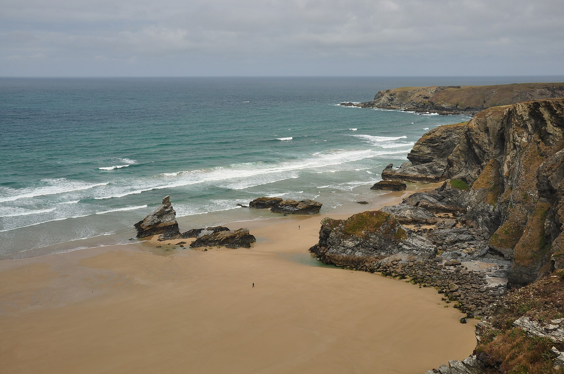 Historic clifftop view over the Bedruthan rock stacks; beach access is currently closed