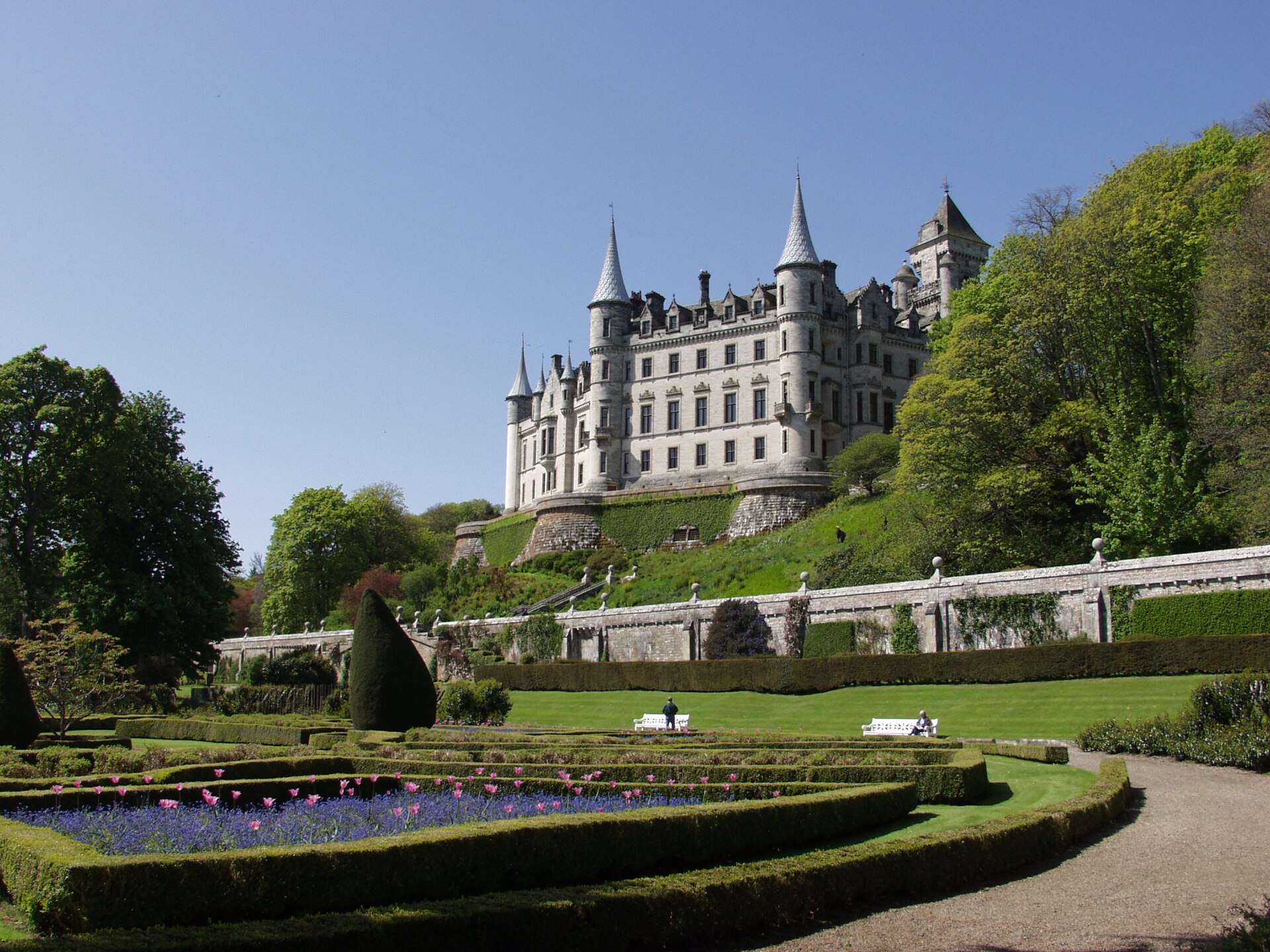 Dunrobin Castle rising above its formal gardens