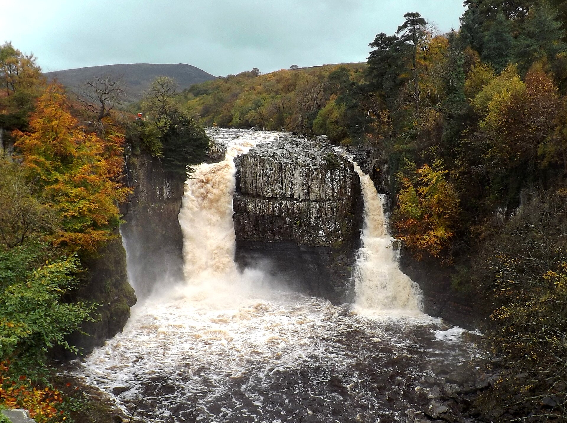 High Force in high water, with both channels flowing into the River Tees gorge