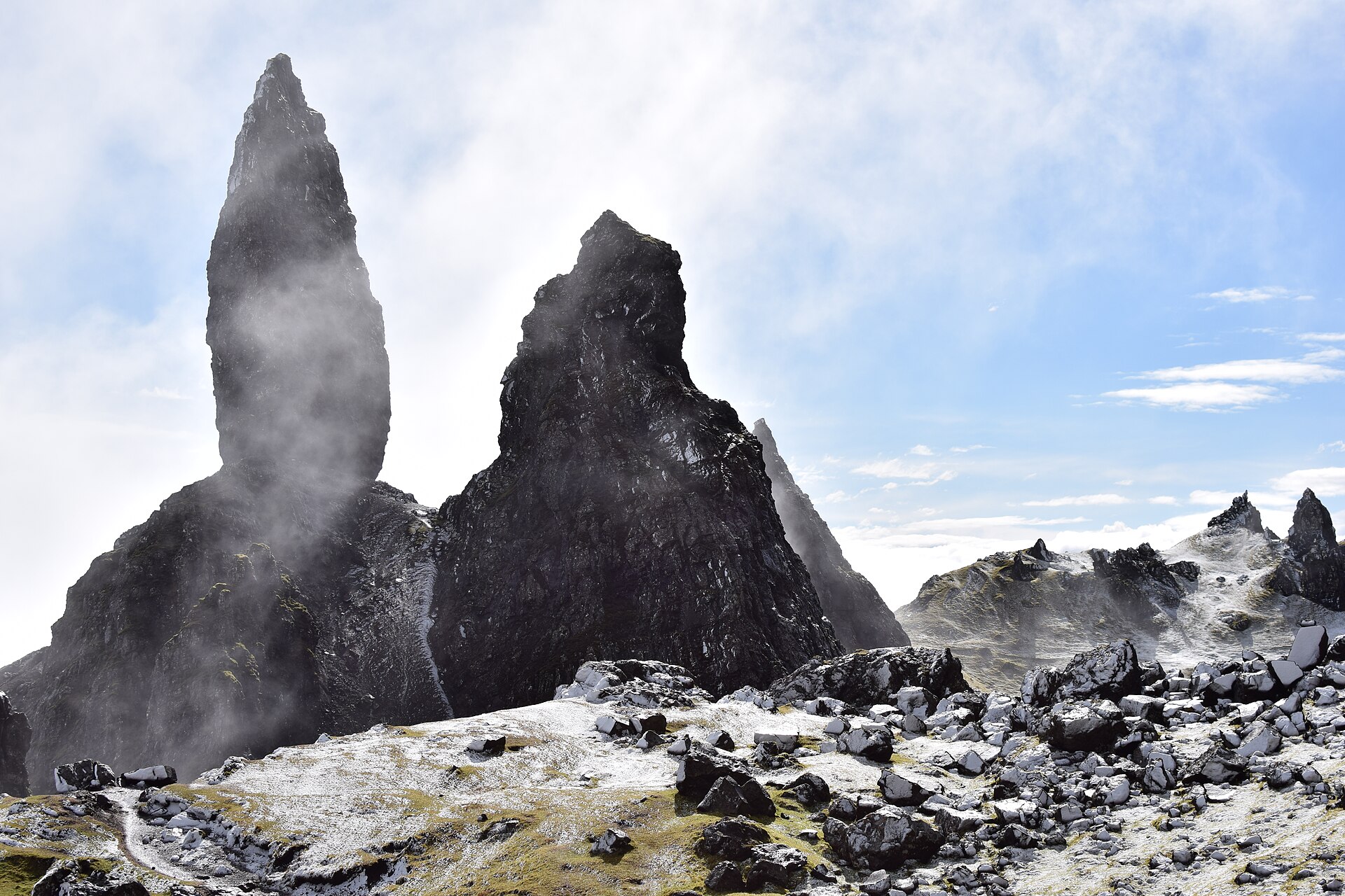 Winter view of the Old Man of Storr pinnacles with snow on the surrounding ground