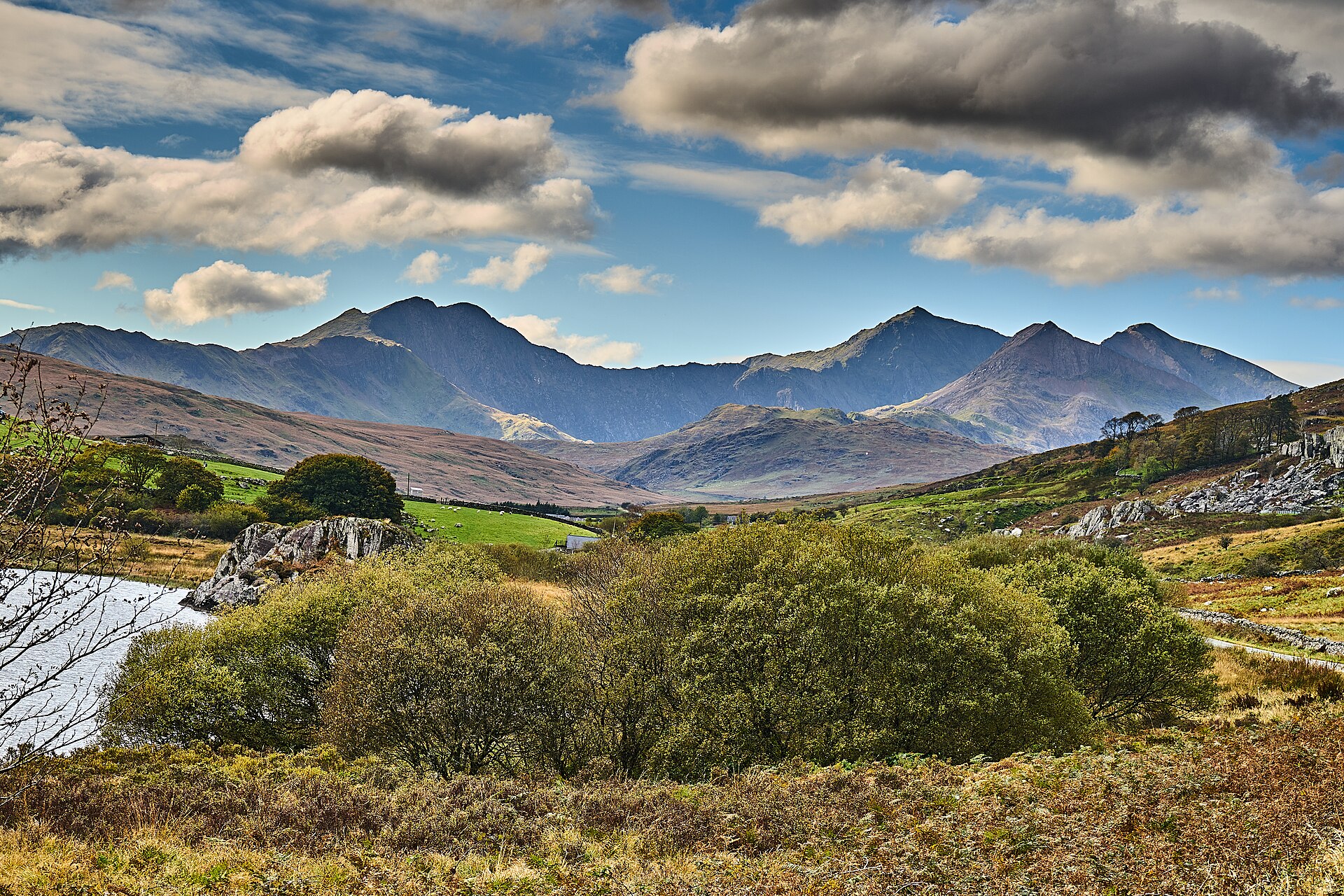 Yr Wyddfa and its surrounding ridges seen from Dyffryn Mymbyr
