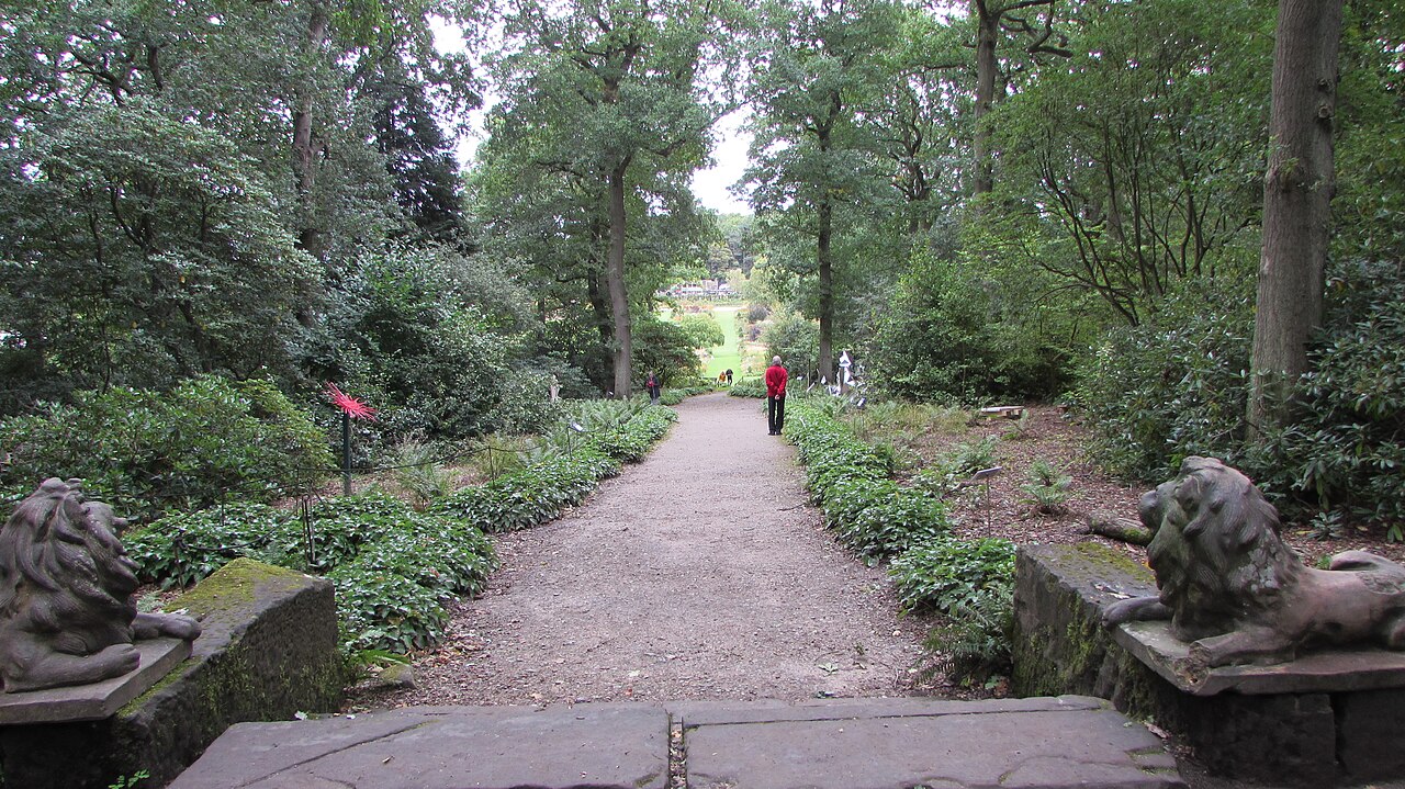 Woodland path seen from the temple at RHS Harlow Carr