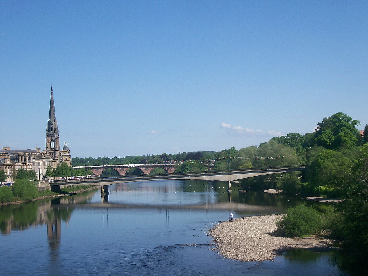 River Tay and bridges beside Perth’s riverside buildings