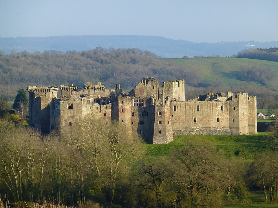 Raglan Castle above the surrounding countryside