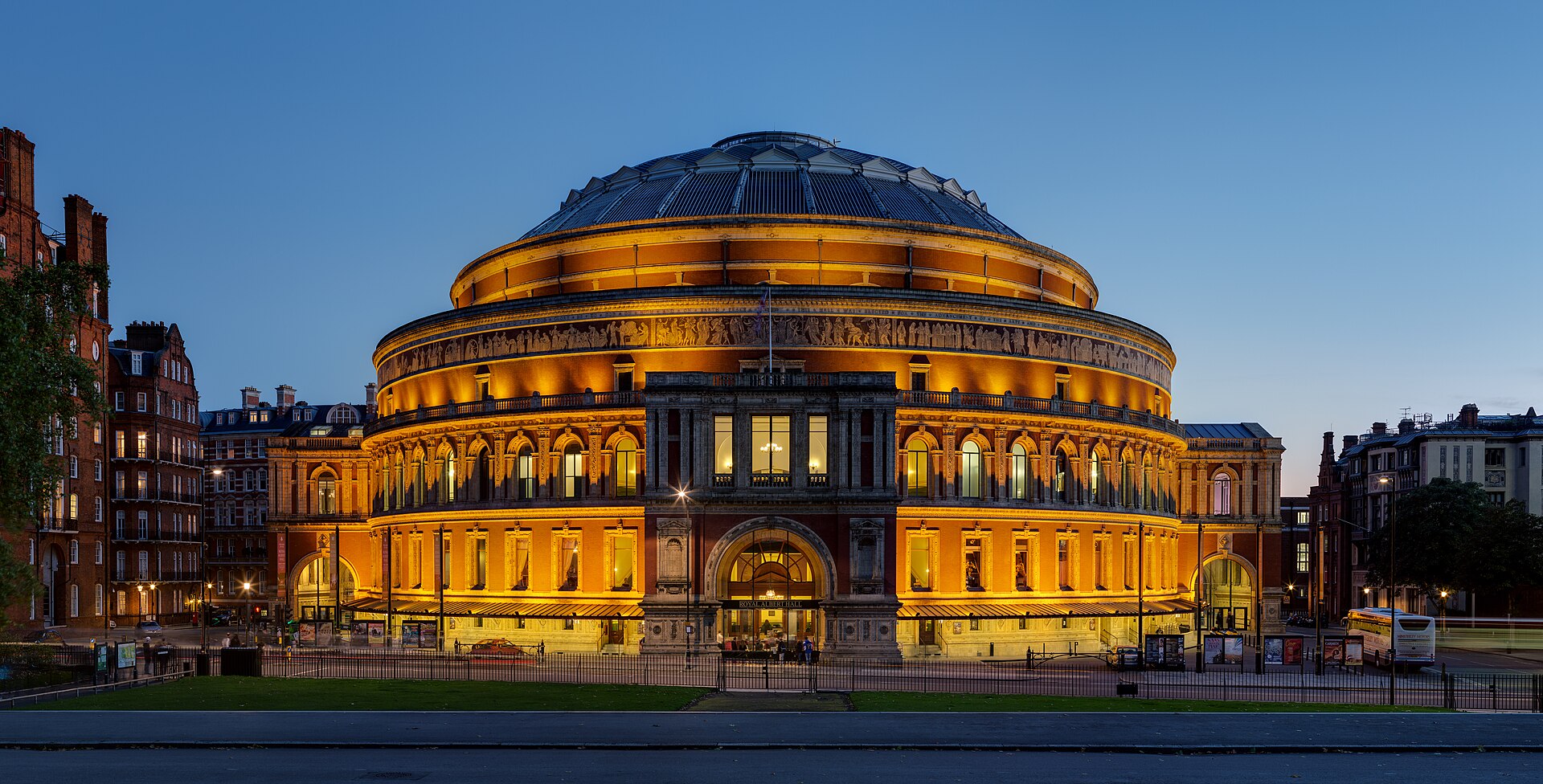 Royal Albert Hall illuminated at dusk