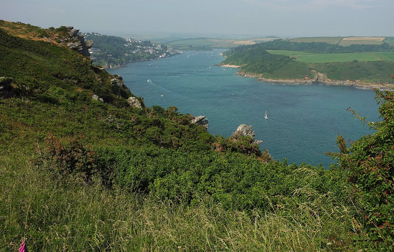 Salcombe harbour and estuary seen from the coastal hillside
