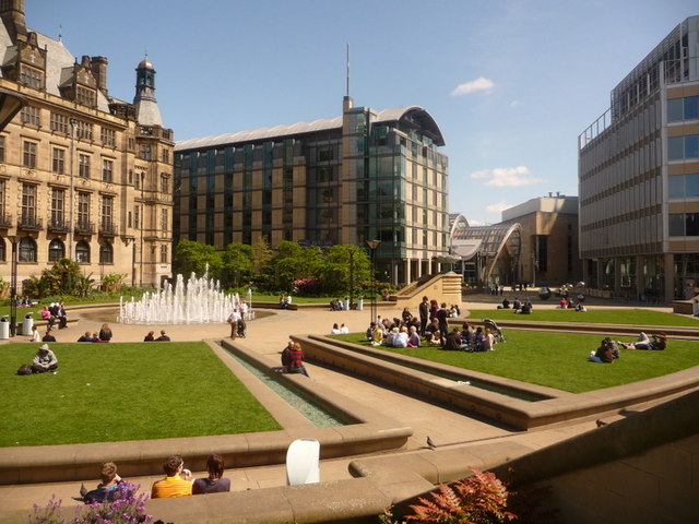 Fountains and lawns in Sheffield Peace Gardens beside Millennium Square