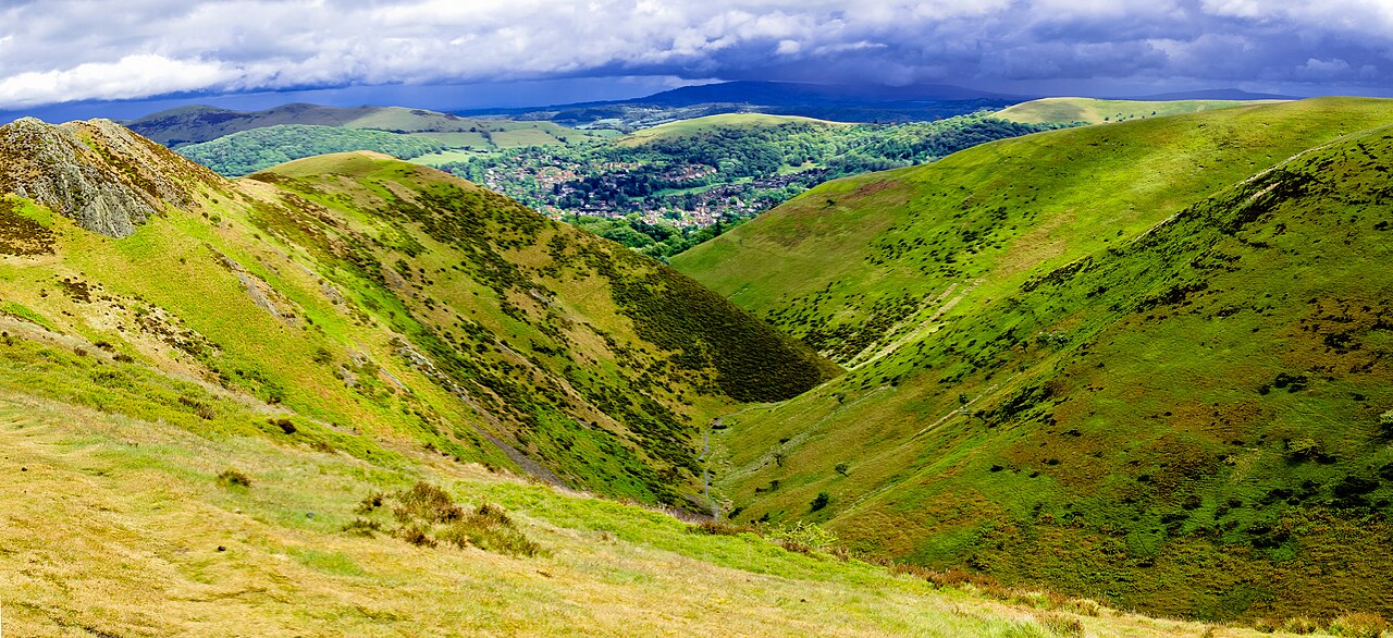 Church Stretton beyond Townbrook Valley in the Long Mynd, Shropshire