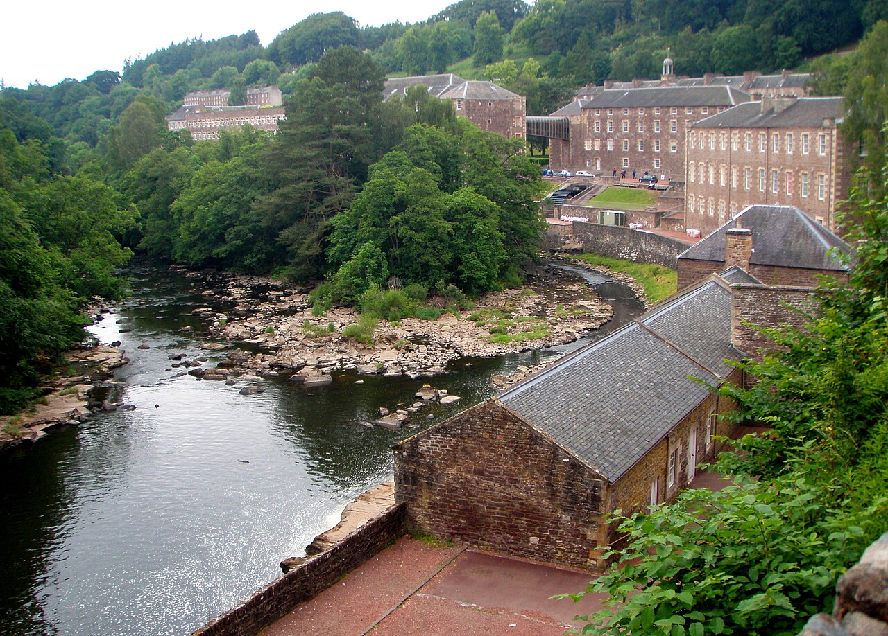Stone mill buildings in the heritage village of New Lanark