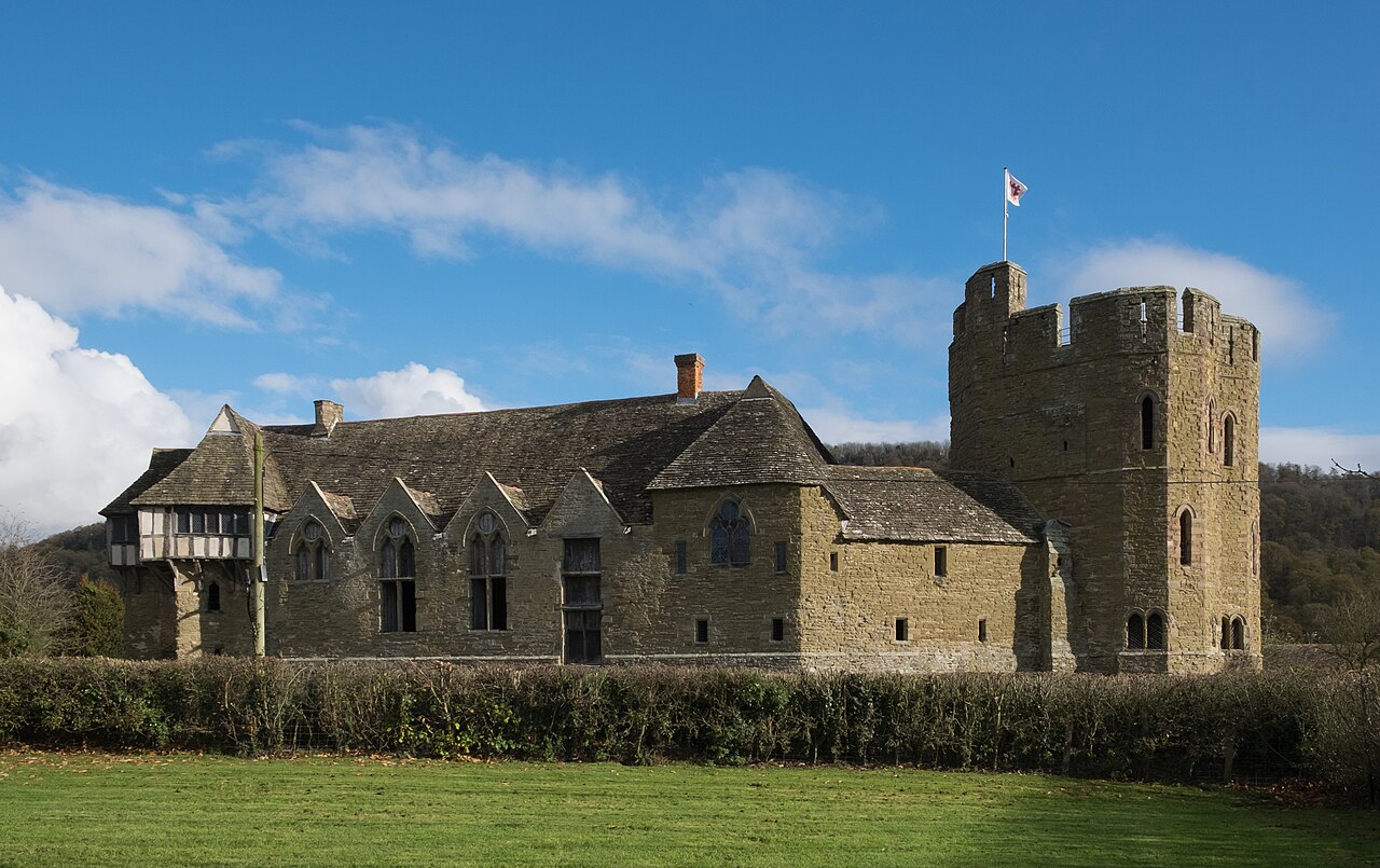 Stone hall and south tower of Stokesay Castle viewed from the west